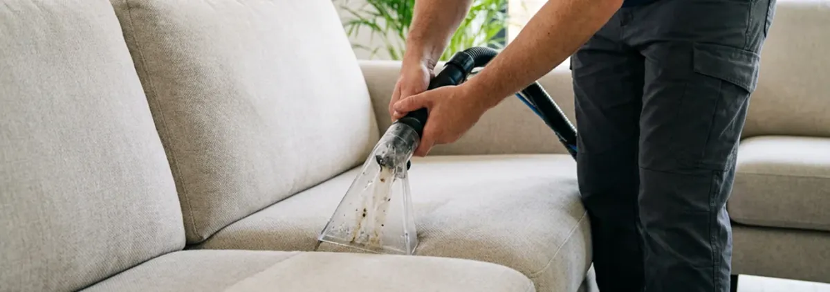 Technician extracting dirt and moisture from a fabric sofa with an upholstery cleaning wand, Jackson, MI.